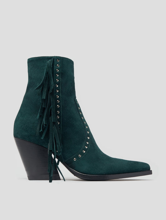 ALISON 80MM “MOJAVE” FRINGED BOOT IN EMERALD GREEN SUEDE