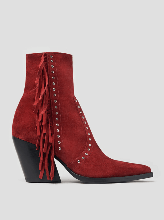 ALISON 80MM “MOJAVE” FRINGED ANKLE BOOTS IN RUBY RED SUEDE